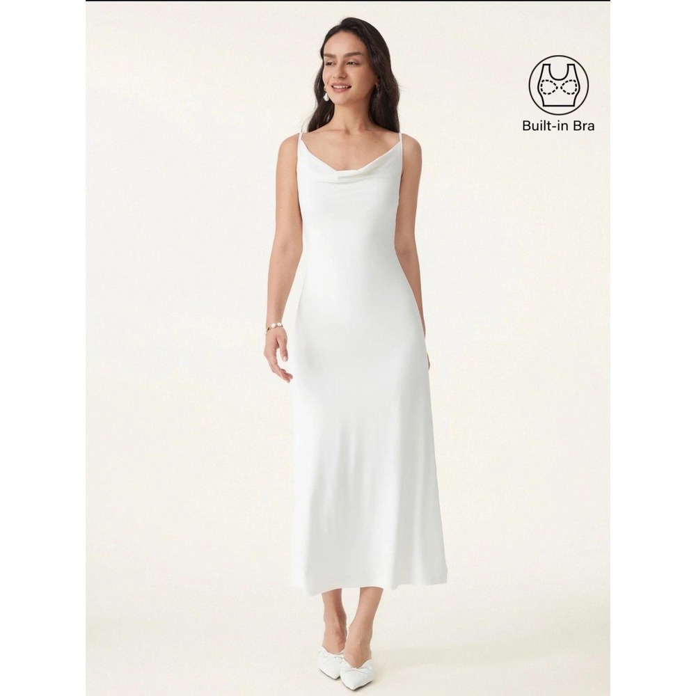 OGL Women's SkinKiss White Cowl Neck Midi Dress Built-in Bra XL New